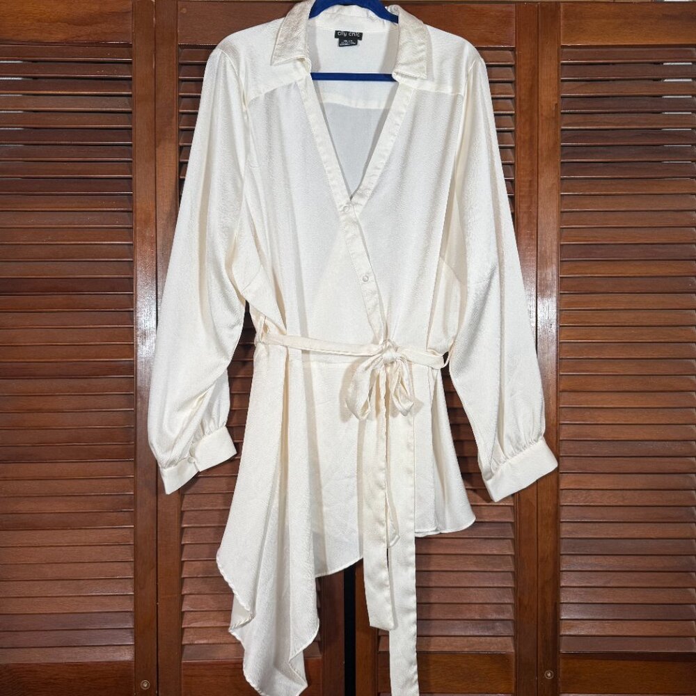 City Chic Button-Up Faux Wrap Blouse w/ Belt